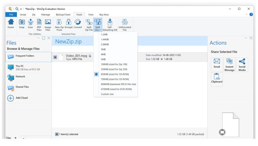 WinZip Split File Size